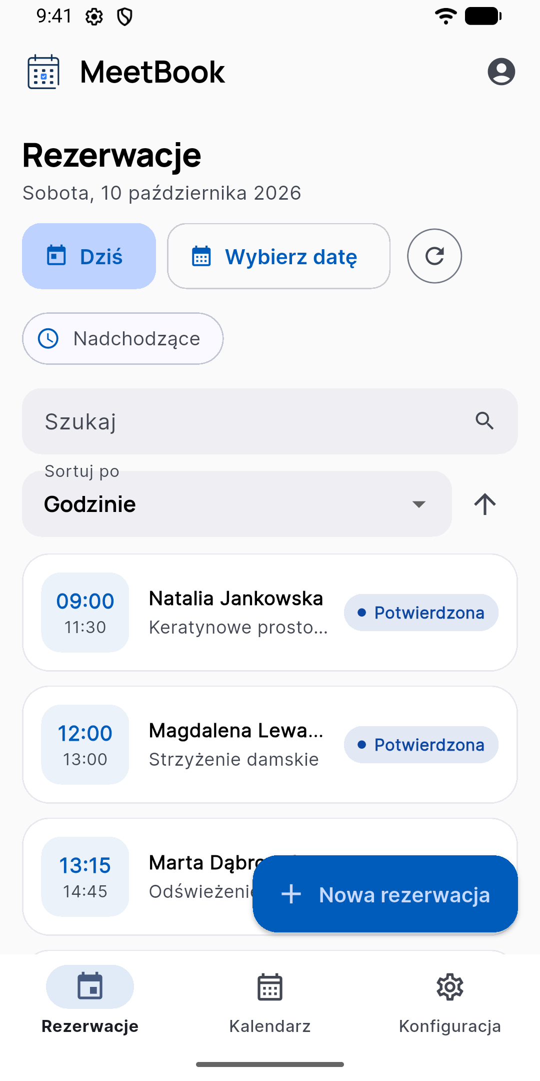 Lista rezerwacji na dany dzień w aplikacji MeetBook