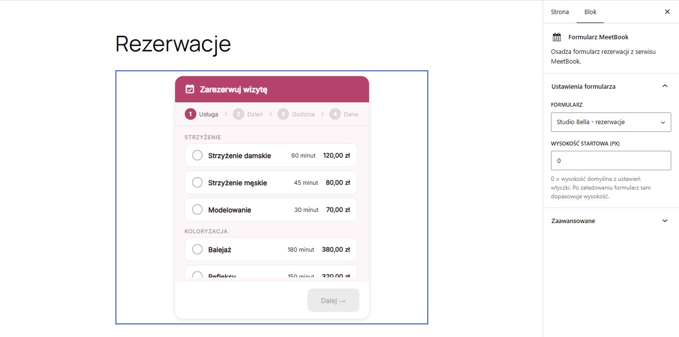 Formularz rezerwacji MeetBook wyrenderowany w edytorze bloków WordPressa